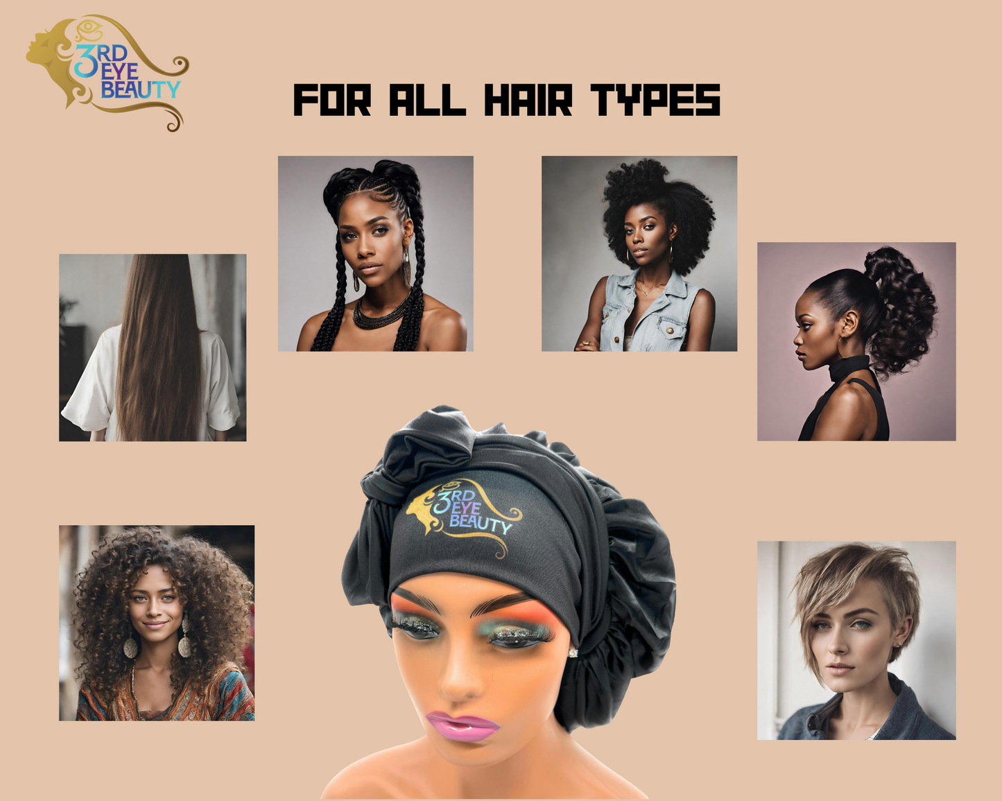 Satin Silk Hair Bonnet - for Sleeping - Adjustable Black Bonnet w/Tie Band - Curly Hair, Braids, Etc.