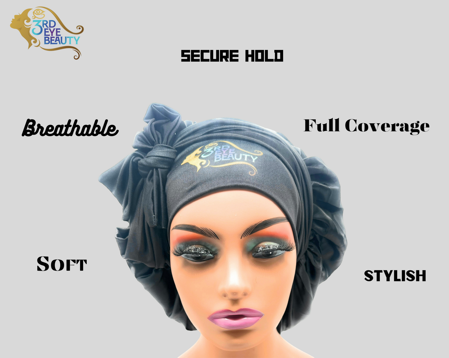 Satin Silk Hair Bonnet - for Sleeping - Adjustable Black Bonnet w/Tie Band - Curly Hair, Braids, Etc.