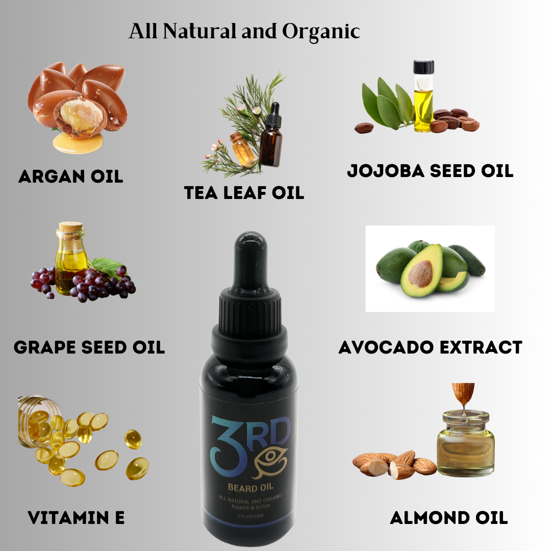 Vegan Beard Care Oil made with Argan oil, Tea Tree oil, Grape-seed oil, Vitamin E, & Jojoba Seed Oil that softens and promotes growth.