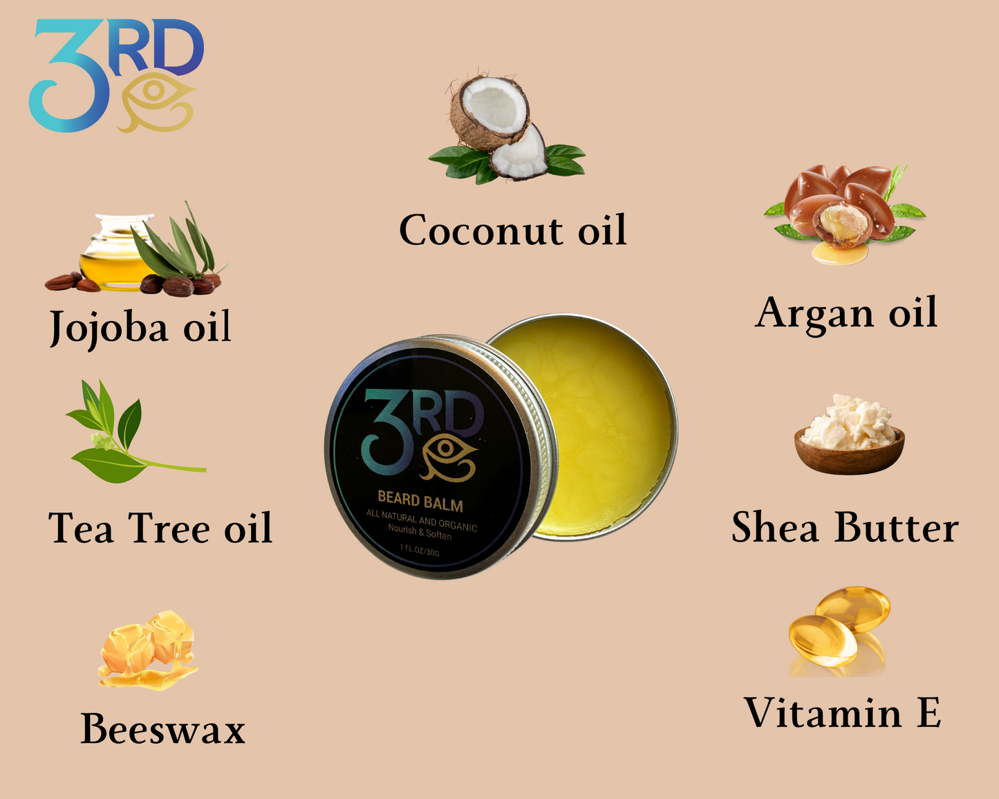 Beard Balm - Hydrates, Strengthens, Softens, Adds Shine & Tames Hair - Vegan, Free of Parabens, Sulfates & Silicone